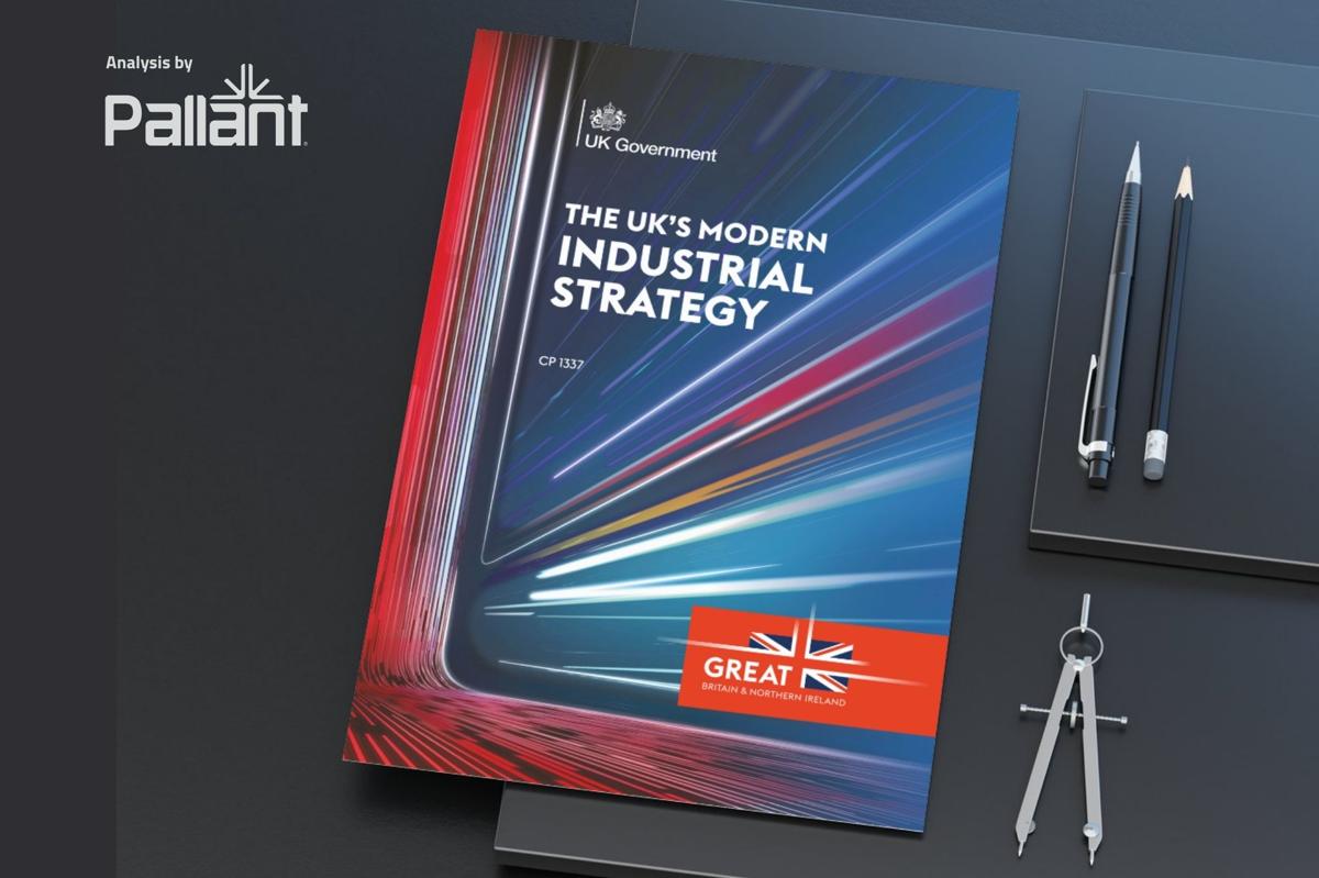 The UK Government's Modern Industrial Strategy document on a desk, analysed by Pallant